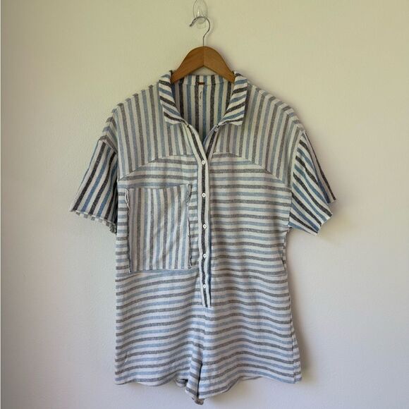 Free People For the Boys Oversized Striped Knit Romper in White/Blue/Black - XS - Picture 2 of 7